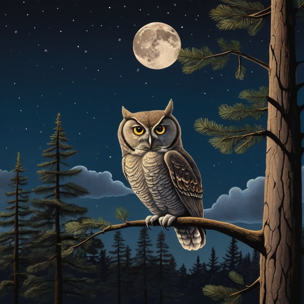 The Moon Who Wanted a Hug | Bedtime Stories 2 The moon floating near a tall pine tree and a curious owl on a branch, under a dark blue sky.