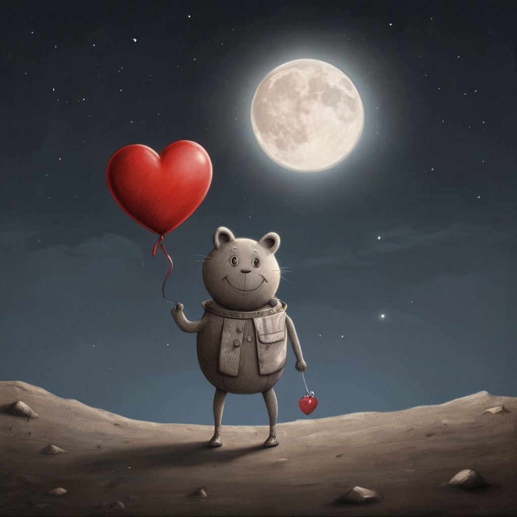 The Moon Who Wanted a Friend | Bedtime Stories 3 The moon holding a red balloon with a heart drawing attached to it, smiling as he looks at the note.