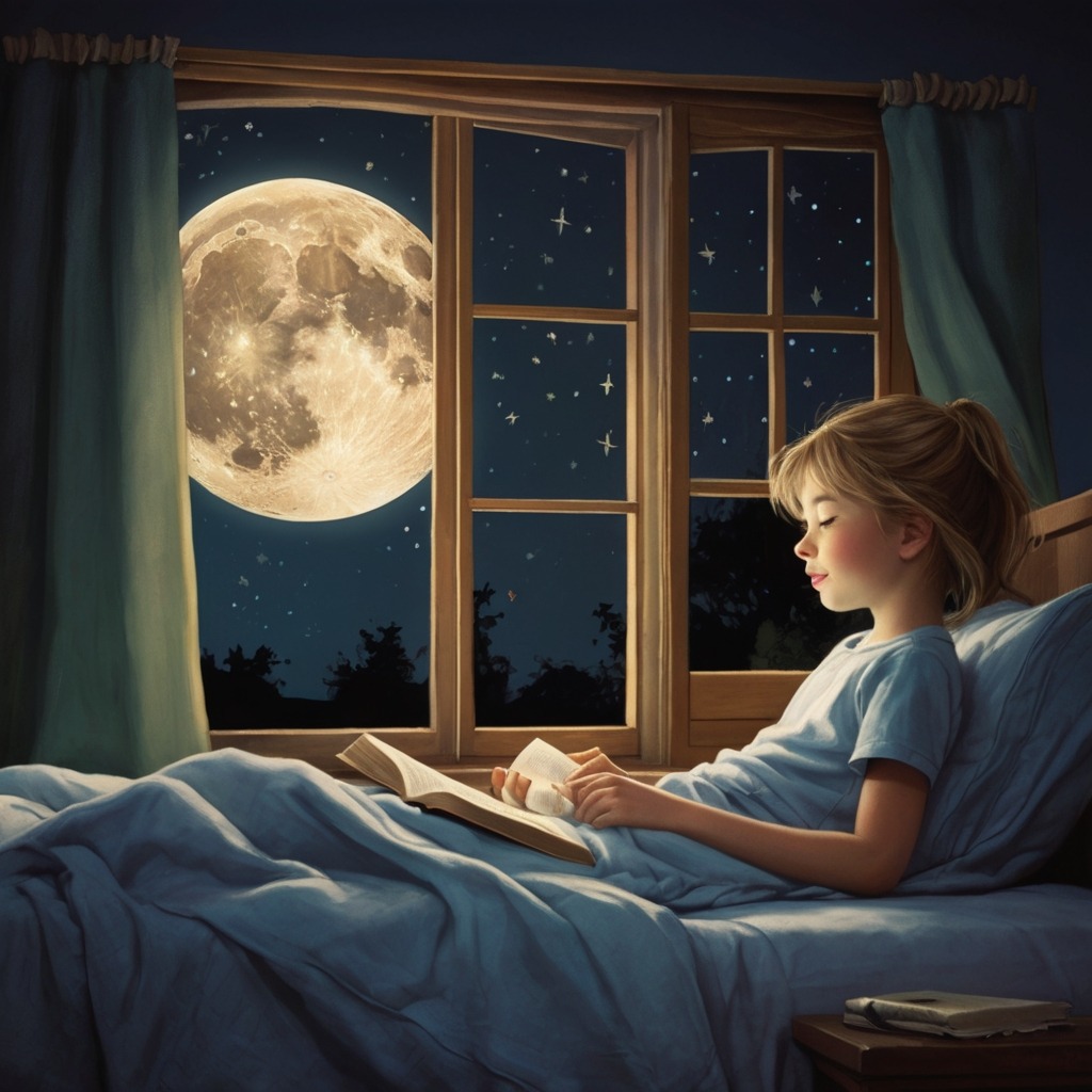 The Moon Who Wanted to Dream | Bedtime Stories 2 The moon with a sleepy face listening to the girl reading a story aloud from her bed near the window.