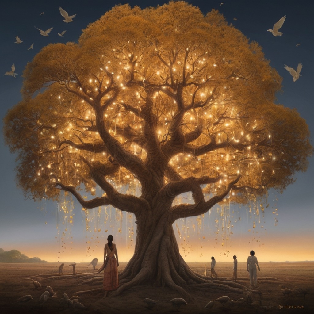 Tara and the Talking Tree of Pipalpur | village stories 2 The pipal tree glowing slightly as it begins to speak, with Tara leaning forward in awe, surrounded by curious birds.