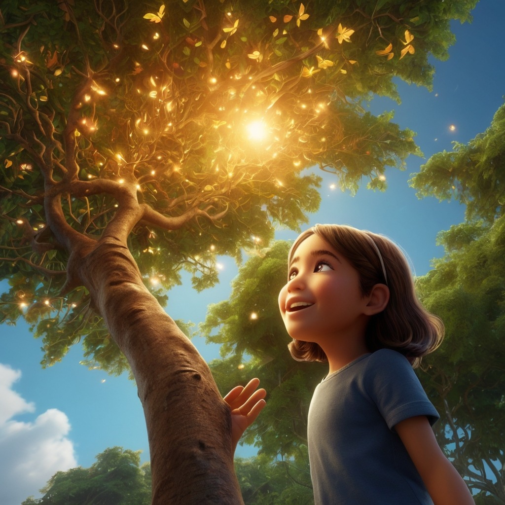 Tara and the Talking Tree of Tamarind Village | Village Stories 2 The tamarind tree with glowing leaves speaking to the girl while she looks up, surprised but happy.
