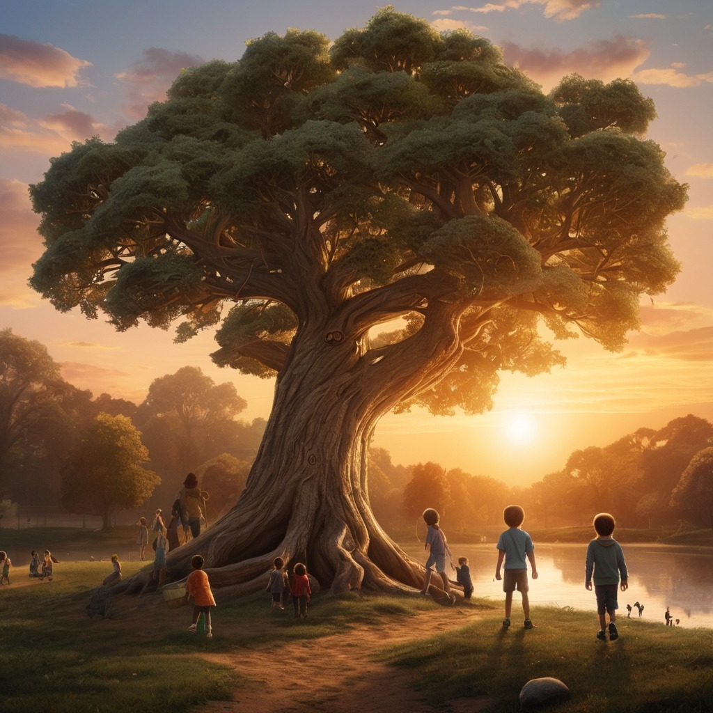 Tara and the Talking Tree of Tamarind Village | Village Stories 4 The tree standing tall at sunset, with kids playing near it and a new sign that reads “The Guardian Tree.”