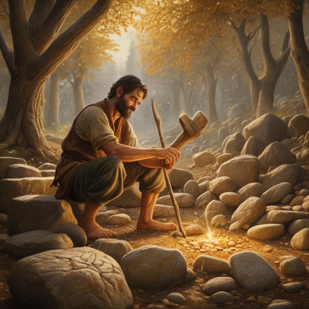 The Talking Tree and the Greedy Woodcutter | Moral Stories 2 The woodcutter happily touching stones, trees, and tools that turn into shimmering gold as people watch.