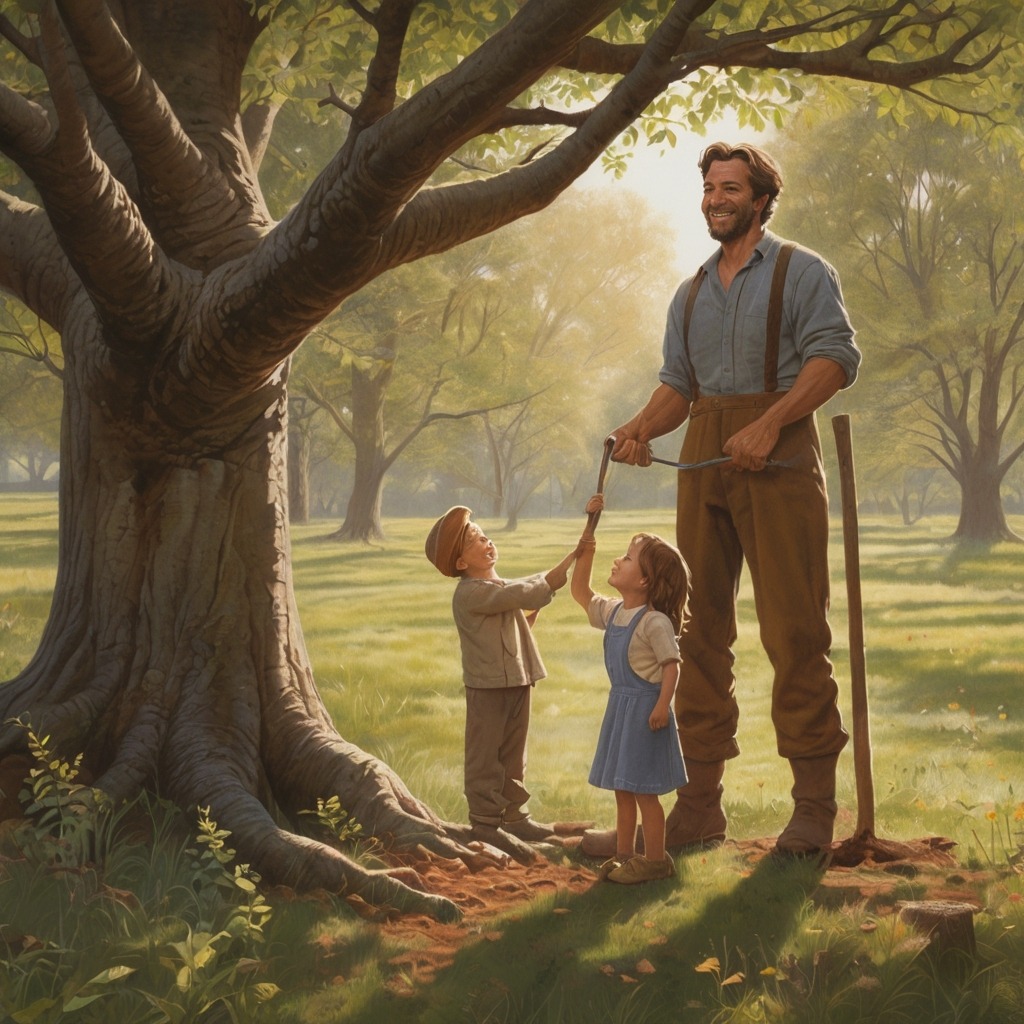 The Talking Tree and the Greedy Woodcutter | Moral Stories 4 The woodcutter joyfully planting trees with his daughter beside him, smiling under the now peaceful oak tree.
