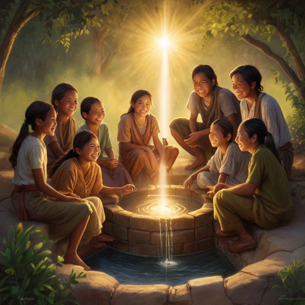 The Secret of the Singing Well | Village Stories 3 Villagers gathered around the well, smiling and laughing as each shares a truth, with gentle glowing light rising from the well.