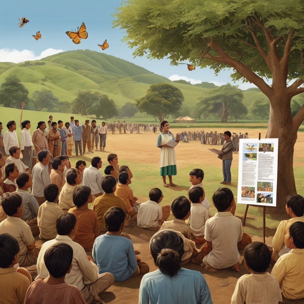 Tara and the Talking Tree of Tamarind Village | Village Stories 3 Villagers gathering with posters showing animals and bees, while Tara speaks to the crowd under the tree.
