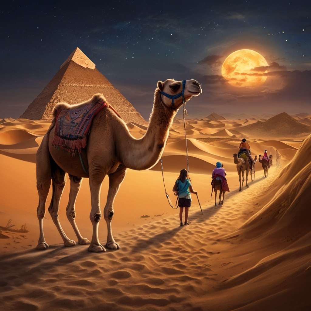 Tara’s Train Ride Across the Wonders of the World | Travel Stories 3 A camel ride near the pyramids of Egypt, with sand dunes, ancient stones, and the girl exploring a tunnel with torchlight.