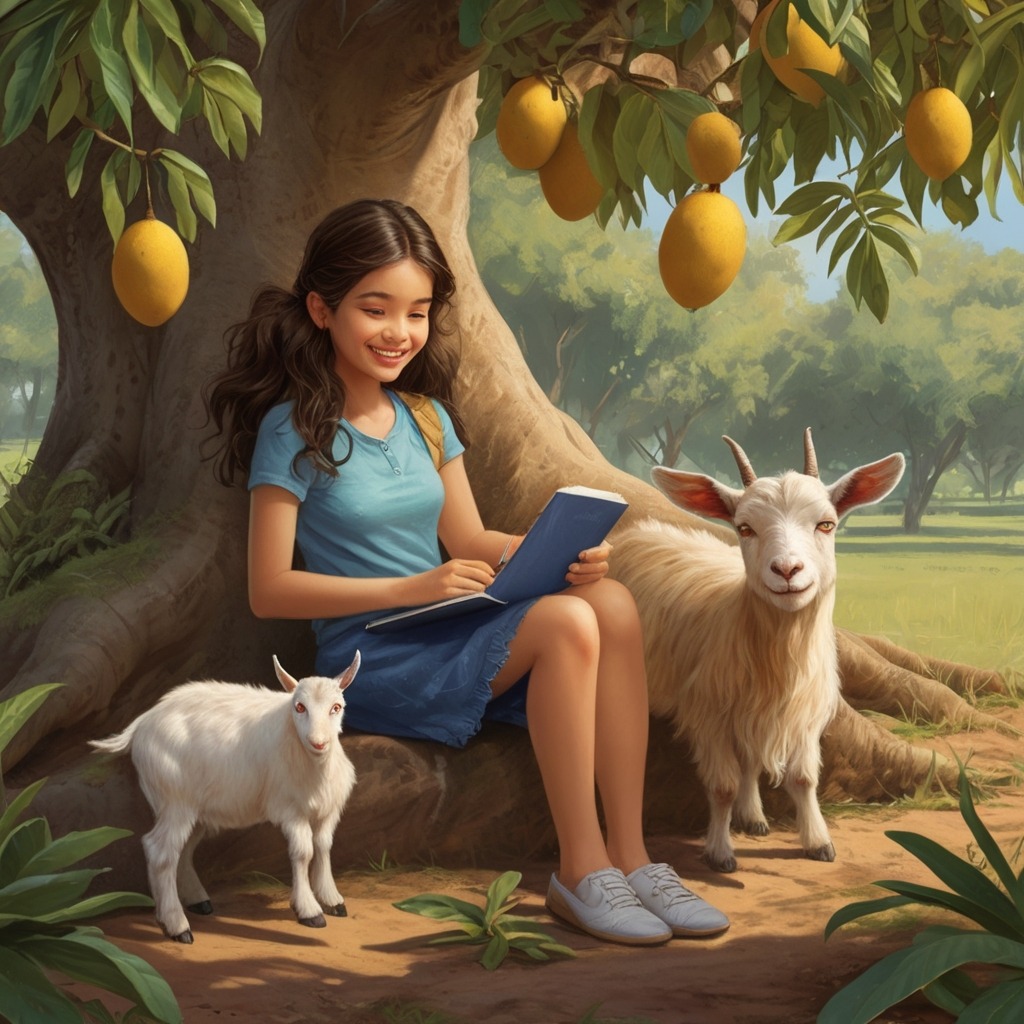 Meena and the Talking Mango Tree | Village Stories 1 A cheerful girl sitting under a large mango tree with a notebook and a playful goat beside her.