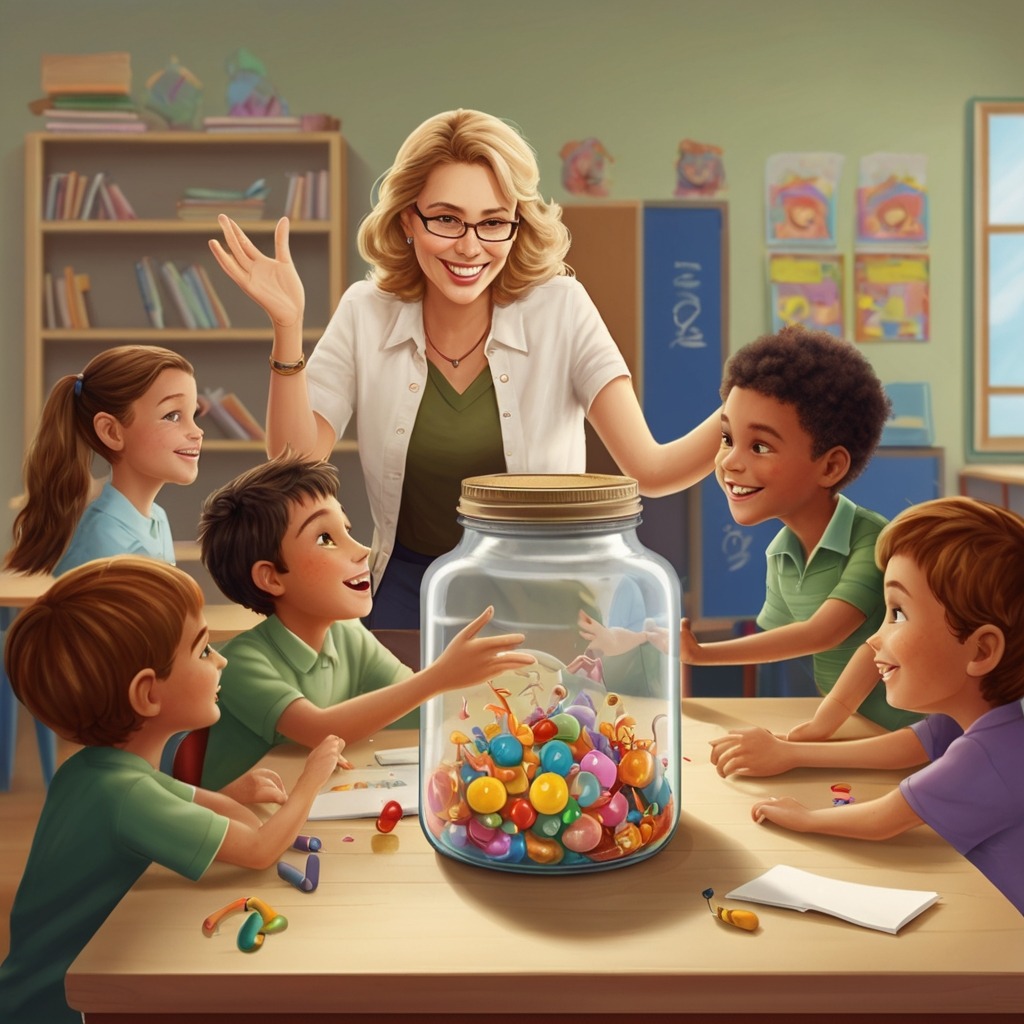 The Empty Jar and the Lesson of Giving | Moral Stories 1 A cheerful teacher placing an empty glass jar on a classroom desk with curious kids watching.