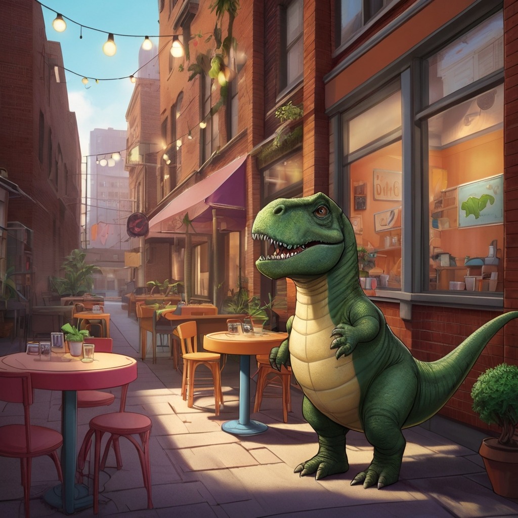 Ellie and the Elevator to Everywhere | City Stories 3 A city alley turned dino café with bowtie-wearing dinosaurs serving smoothies and playing hopscotch.