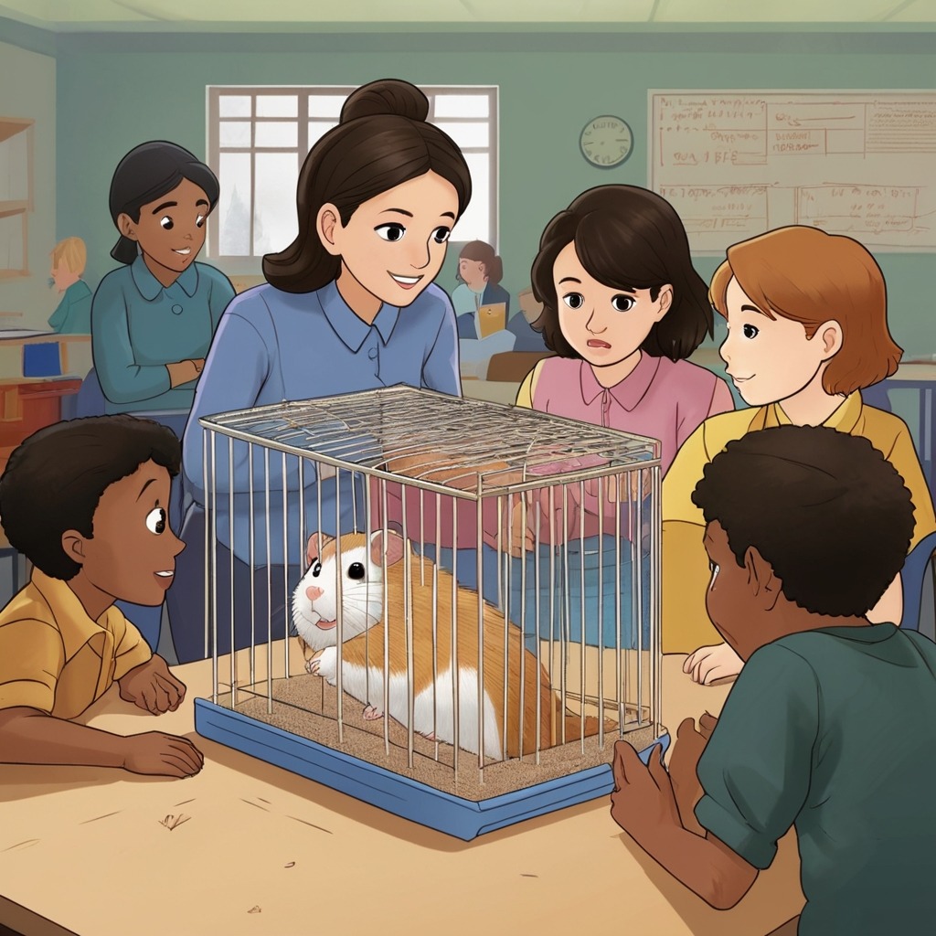 Tara and the Talking Pebble: A Lesson in Honesty | Moral Stories 2 A classroom scene with students looking at a tipped-over hamster cage, and the teacher asking who did it.