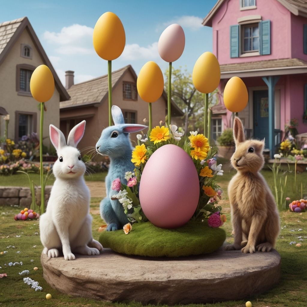 The Great Golden Egg Chase of Willow Town | Easter Stories 1 A colorful Easter parade setup in a small village with flowers blooming and three animal friends staring at an empty egg pedestal in shock.
