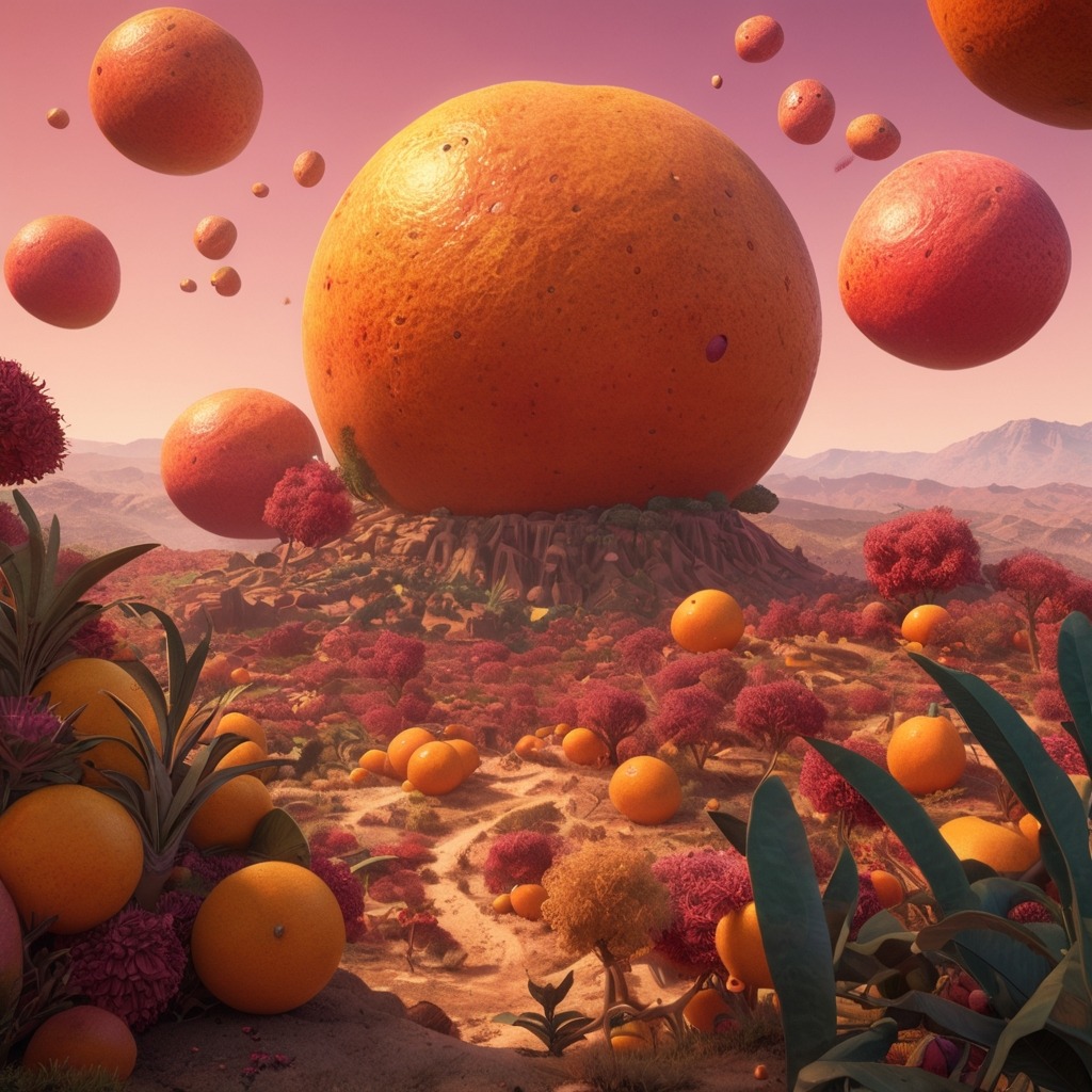 Nina’s Passport to Planet Pomegranate | Travel Stories 2 A colorful alien fruit world with giant pomegranate trees, flying oranges, and a red hill under a pink sky.