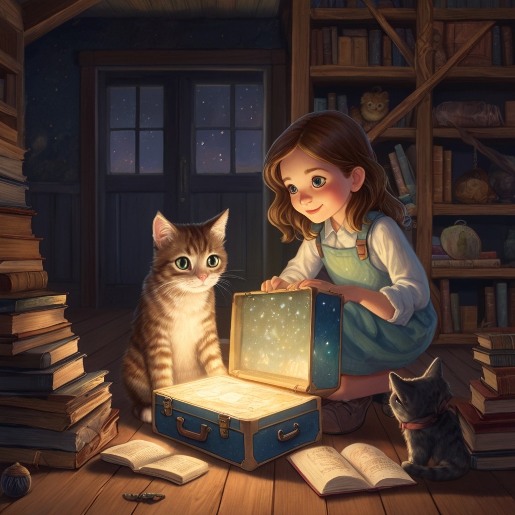 Nina’s Passport to Planet Pomegranate | Travel Stories 1 A curious girl and her cat discovering a glowing, glittery suitcase in a dusty attic filled with maps and old books.