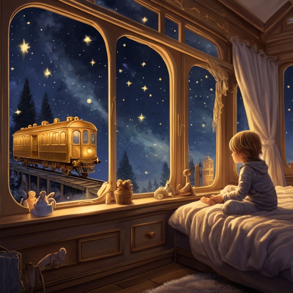 Tara’s Train Ride Across the Wonders of the World | Travel Stories 1 A golden magical train parked at a child’s bedroom window under a starry sky, with the girl stepping on board in pajamas.