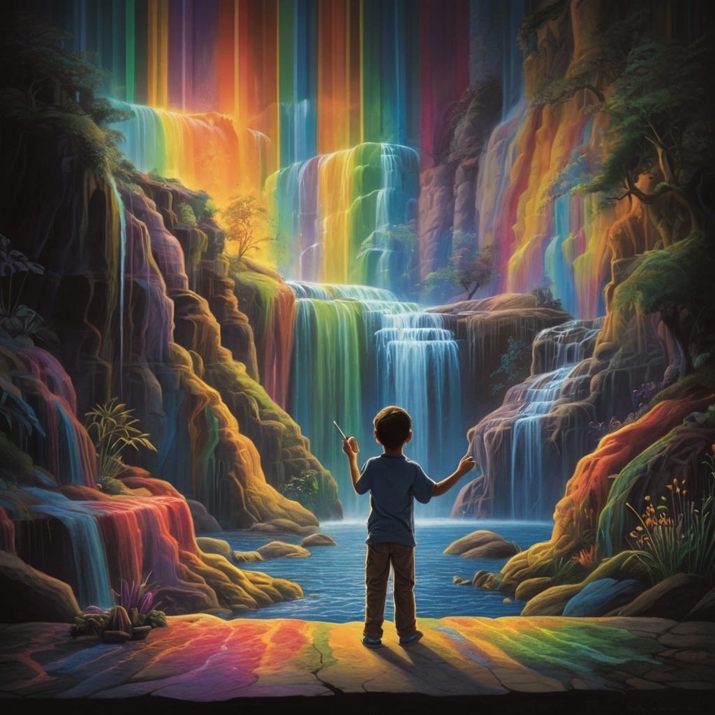 Milo and the Crayon Portal | Imagination Stories 3 A large mural glowing in full color as the boy draws dancing pencils and rainbow waterfalls while a shadowy gray figure watches.