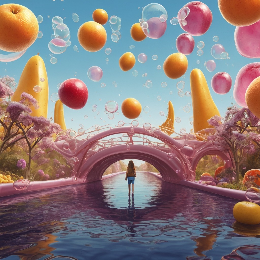 Nina’s Passport to Planet Pomegranate | Travel Stories 3 A magical bubble bridge made of shimmering fruit-scented bubbles floating across a river of juice, with the girl walking bravely on it.