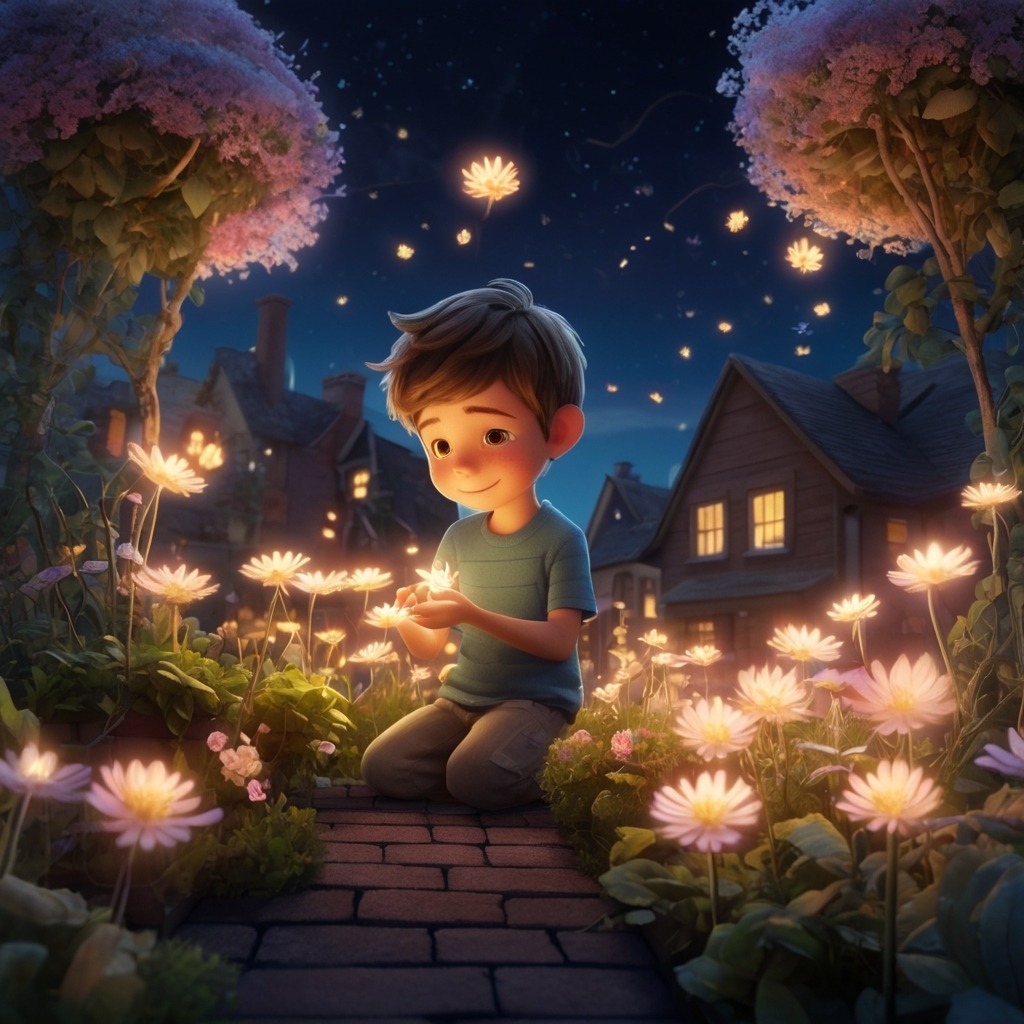 Max and the Midnight Bus of Metro City | City Stories 3 A magical rooftop garden with glowing flowers, each shaped like a wish, as the boy adds his own wish.