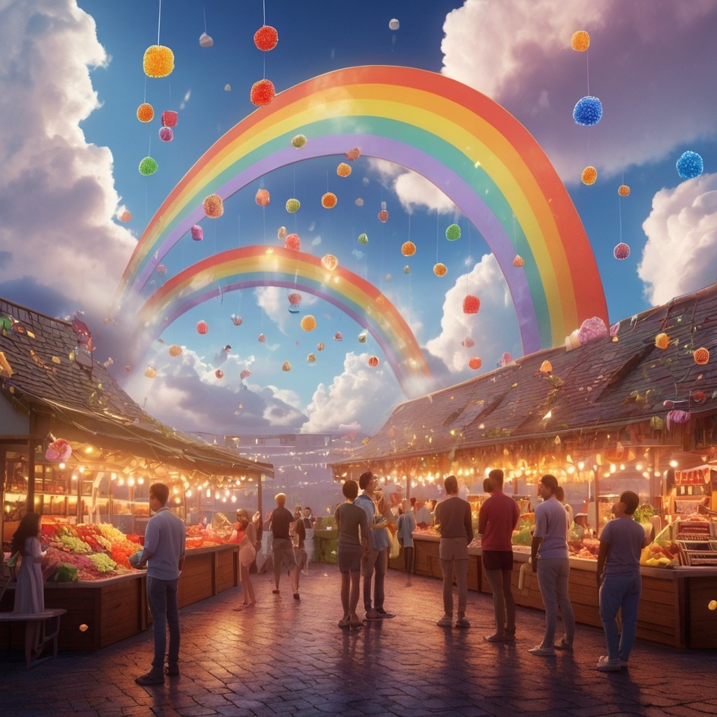 Ellie and the Elevator to Everywhere | City Stories 2 A magical rooftop rainbow market with clouds shaped like candy, floating people, and sparkling lights.