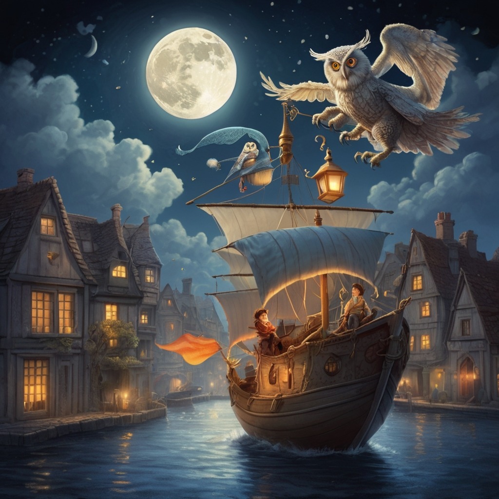Leo and the Moonlight Whistle | Bedtime Stories 4 A moonlit cloud boat flying above rooftops, with the boy, his stuffed dragon, and an owl in a nightcap sailing gently.