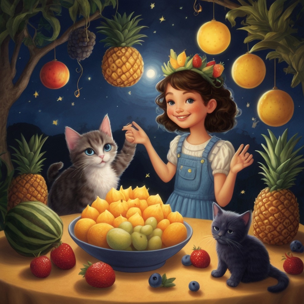 Nina’s Passport to Planet Pomegranate | Travel Stories 4 A nighttime fruit celebration with pineapple lanterns, dancing blueberries, the girl wearing a fruit crown, and the cat beside her.