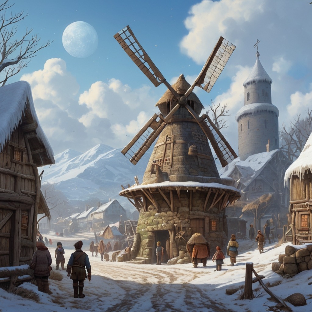 The Day the Wind Forgot to Blow in Willowbrook | Village Stories 1 A quiet village scene with still trees, a frozen windmill, and puzzled villagers looking up at the sky.