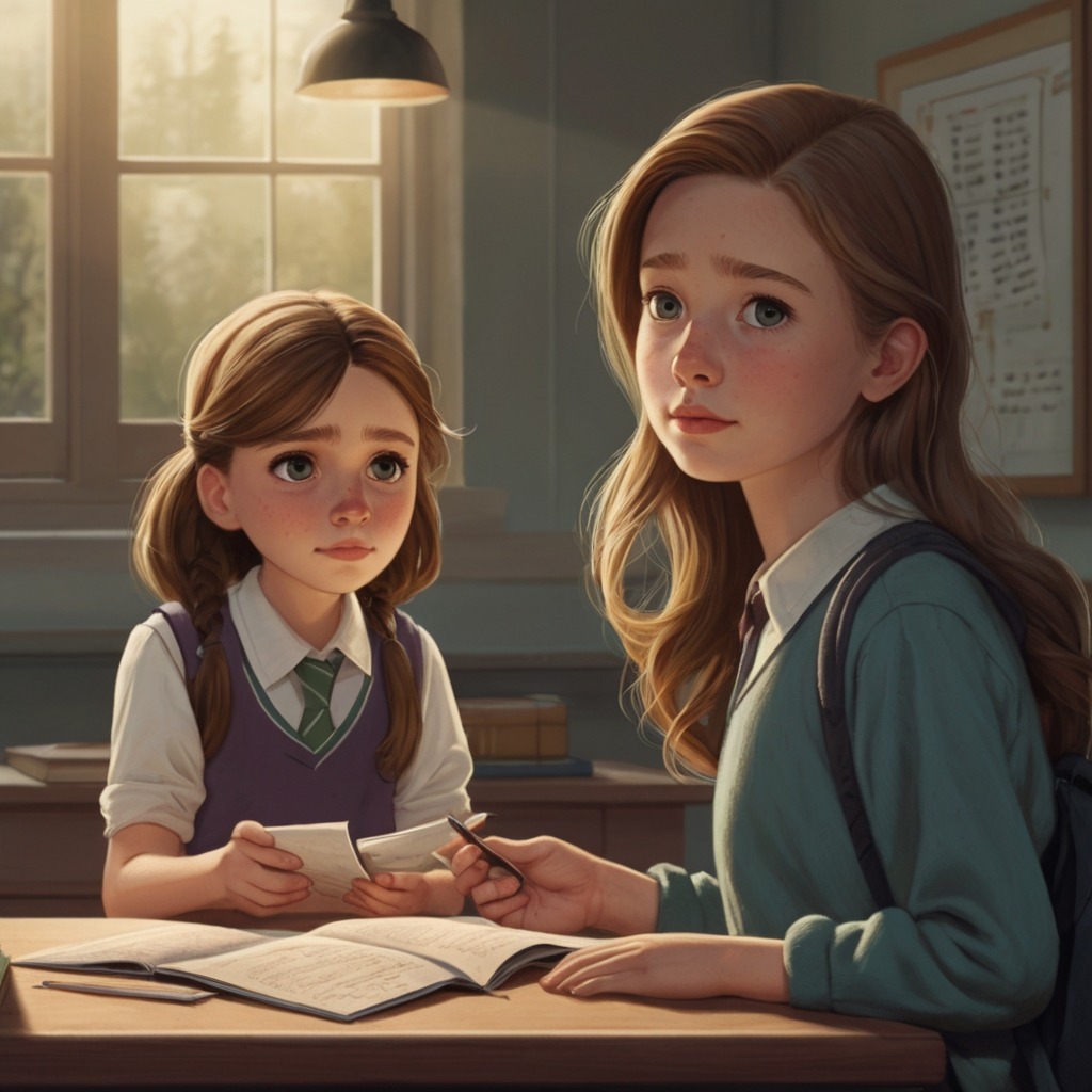 Tara and the Talking Pebble: A Lesson in Honesty | Moral Stories 4 A school scene where the girl gently tells the truth, her friend looking nervous but relieved, and the pebble glowing in her pocket.