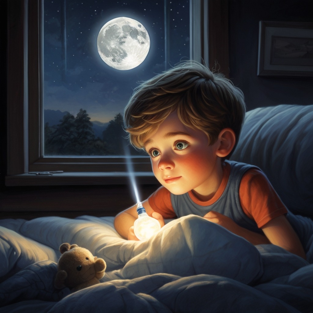 Leo and the Moonlight Whistle | Bedtime Stories 1 A young boy discovering a small glowing silver whistle under his pillow with moonlight shining through the window.