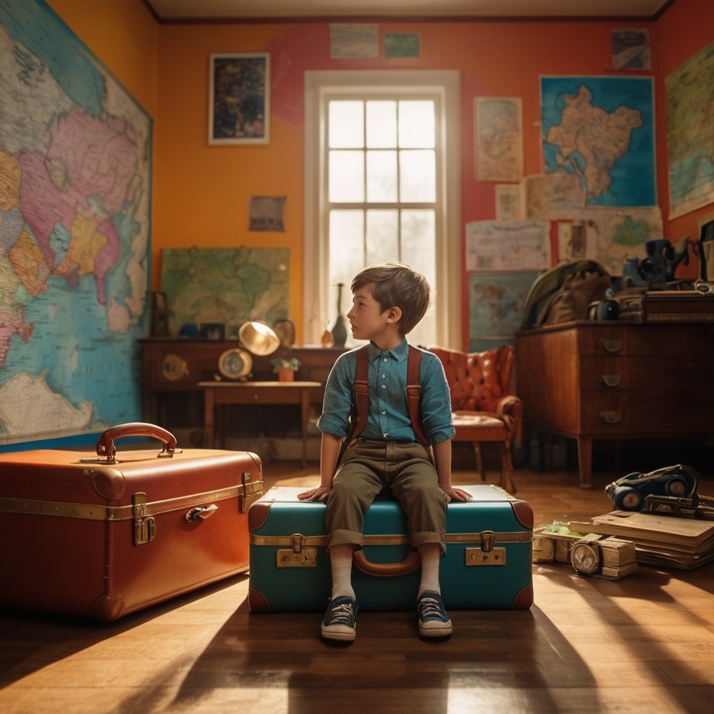 Timmy’s Time-Traveling Suitcase | Travel Stories 1 A young boy in a colorful room with maps and a glowing vintage suitcase opening on the floor.
