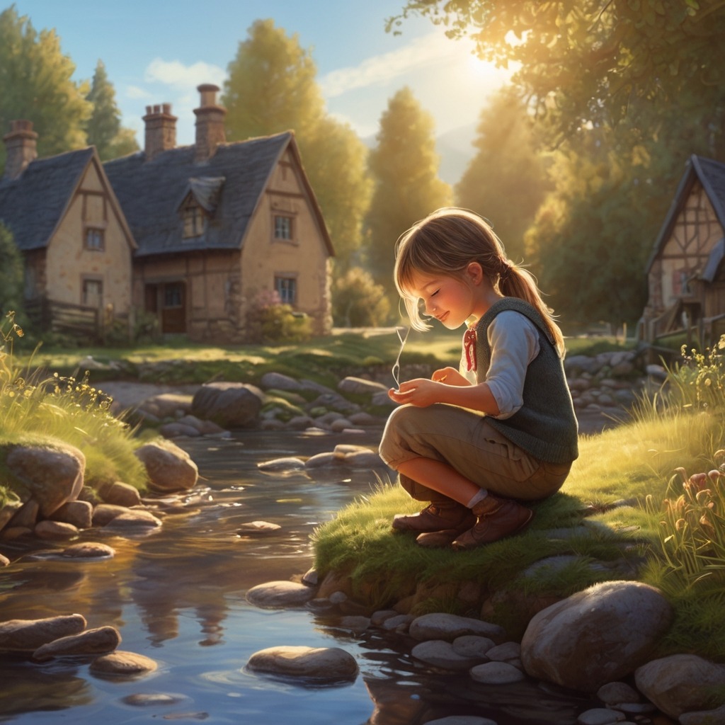 Tara and the Talking Pebble: A Lesson in Honesty | Moral Stories 1 A young girl by a quiet village stream discovering a glowing heart-shaped pebble on a sunny day.