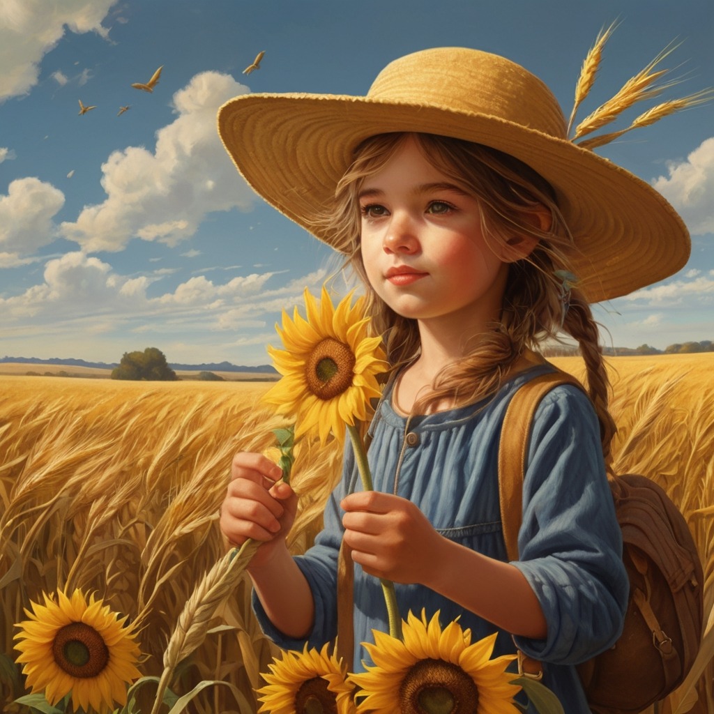 The Day the Wind Forgot to Blow in Willowbrook | Village Stories 2 A young girl in a sunflower hat walking through wheat fields with a flute and satchel, searching for the wind.