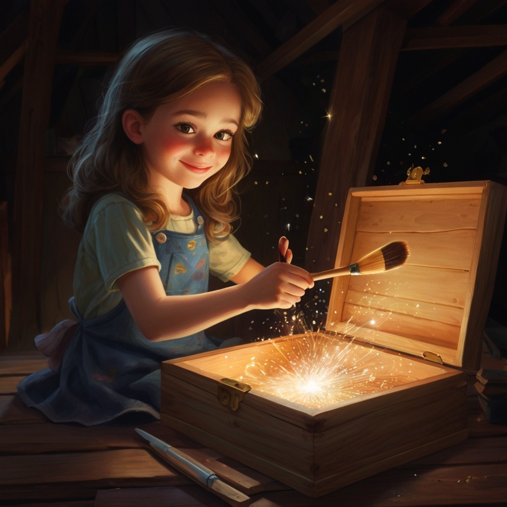 Zara and the Paintbrush That Made Worlds | Imagination Stories 1 A young girl in an attic discovering a glowing paintbrush inside a wooden box with sparkles around it.
