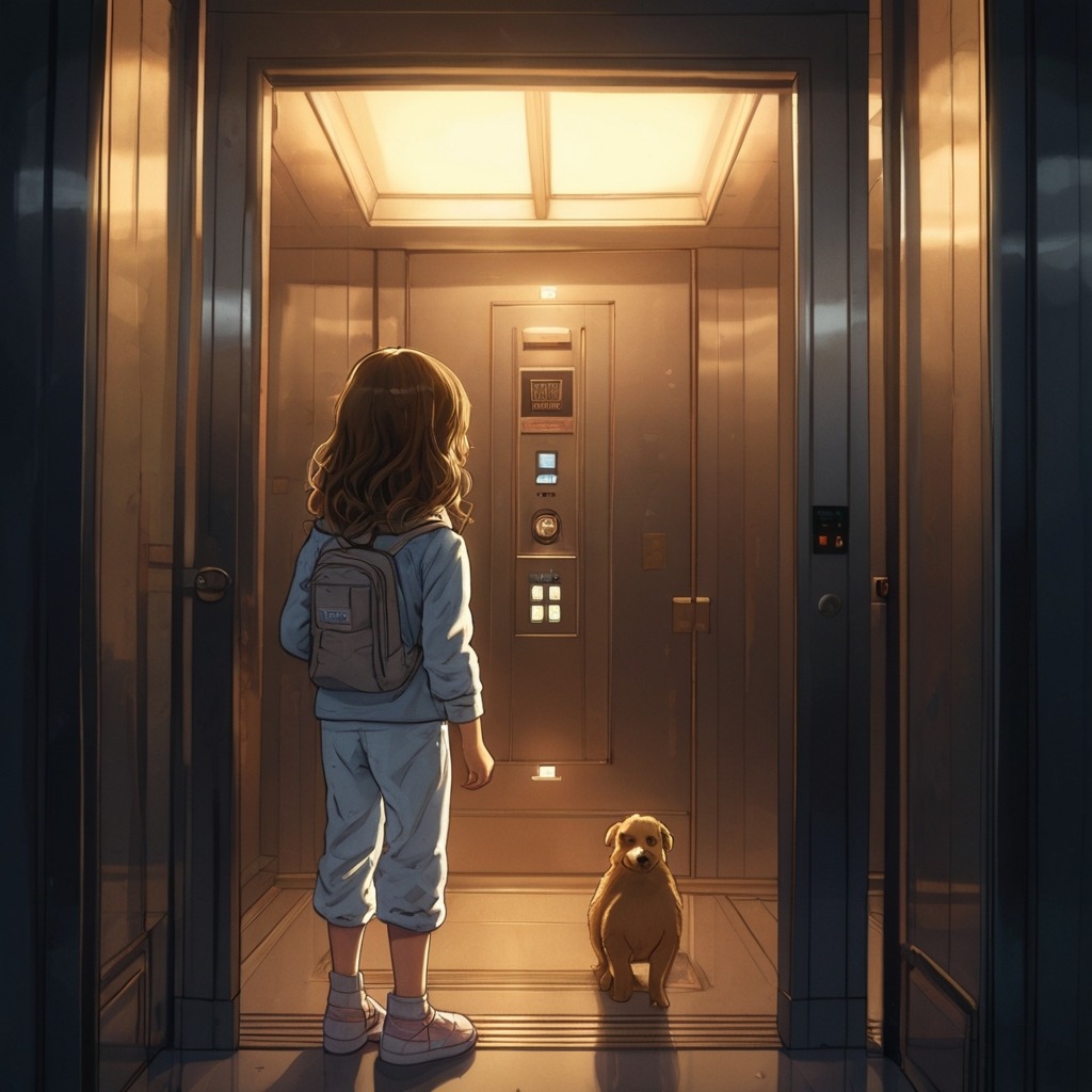 Ellie and the Elevator to Everywhere | City Stories 1 A young girl in pajamas discovering a glowing old elevator in a high-rise city apartment building.