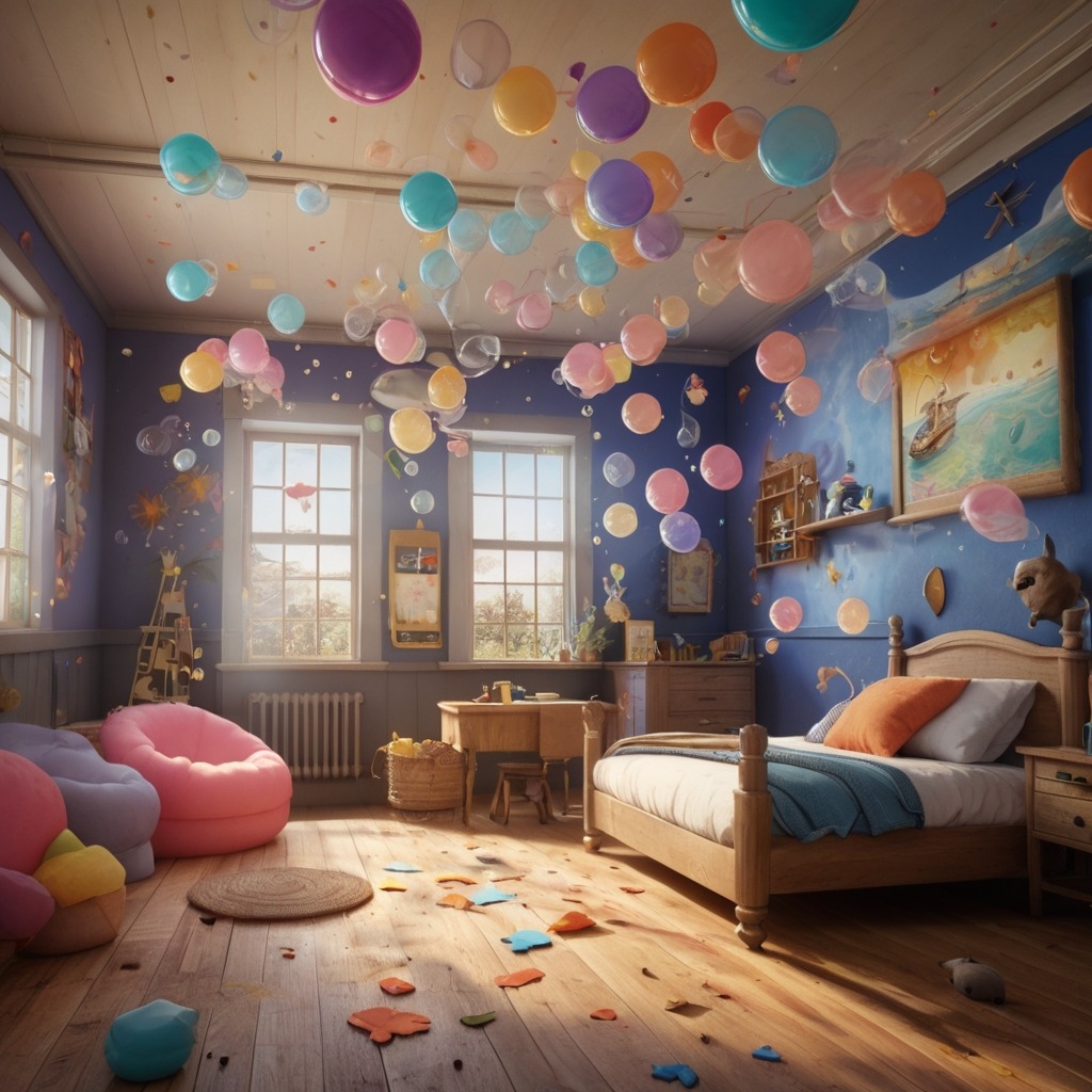 Leo and the Moonlight Whistle | Bedtime Stories 2 Dream bubbles floating around the room, each showing silly dream scenes like pirate ships and dancing llamas.
