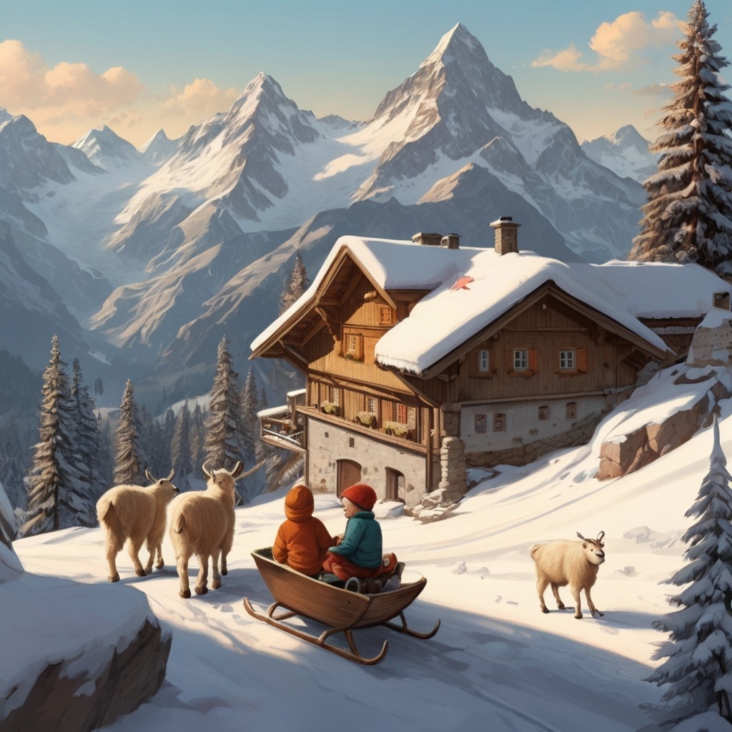 Timmy’s Time-Traveling Suitcase | Travel Stories 3 Snowy Swiss Alps with Timmy sledding alongside mountain goats and eating cheese inside a cozy chalet.