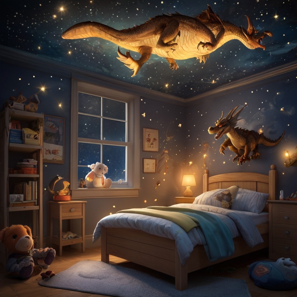 Leo and the Moonlight Whistle | Bedtime Stories 3 Stars gently descending into the boy’s room, glowing on the ceiling, with a plush dragon sneezing sparkles.