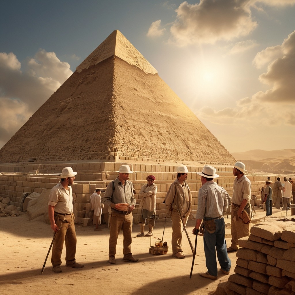 Timmy’s Time-Traveling Suitcase | Travel Stories 2 The Great Pyramid of Giza under construction with Timmy watching, wearing a sun hat and talking to ancient workers.