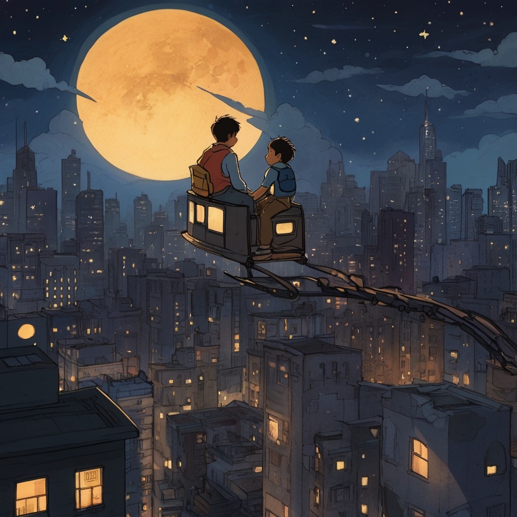 Max and the Midnight Bus of Metro City | City Stories 2 The boy and the bus driver flying above Metro City rooftops under a starry sky, with skyscrapers glowing below.