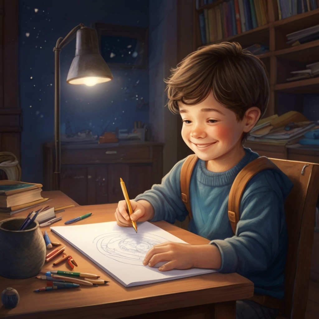 Milo and the Crayon Portal | Imagination Stories 4 The boy back in his cozy room, smiling as he draws in his sketchpad with the magical crayon beside him.