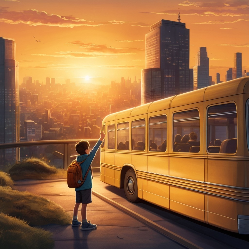 Max and the Midnight Bus of Metro City | City Stories 4 The boy waving goodbye to the glowing bus at dawn with a silver ticket in his hand and the golden sunrise over the city skyline.