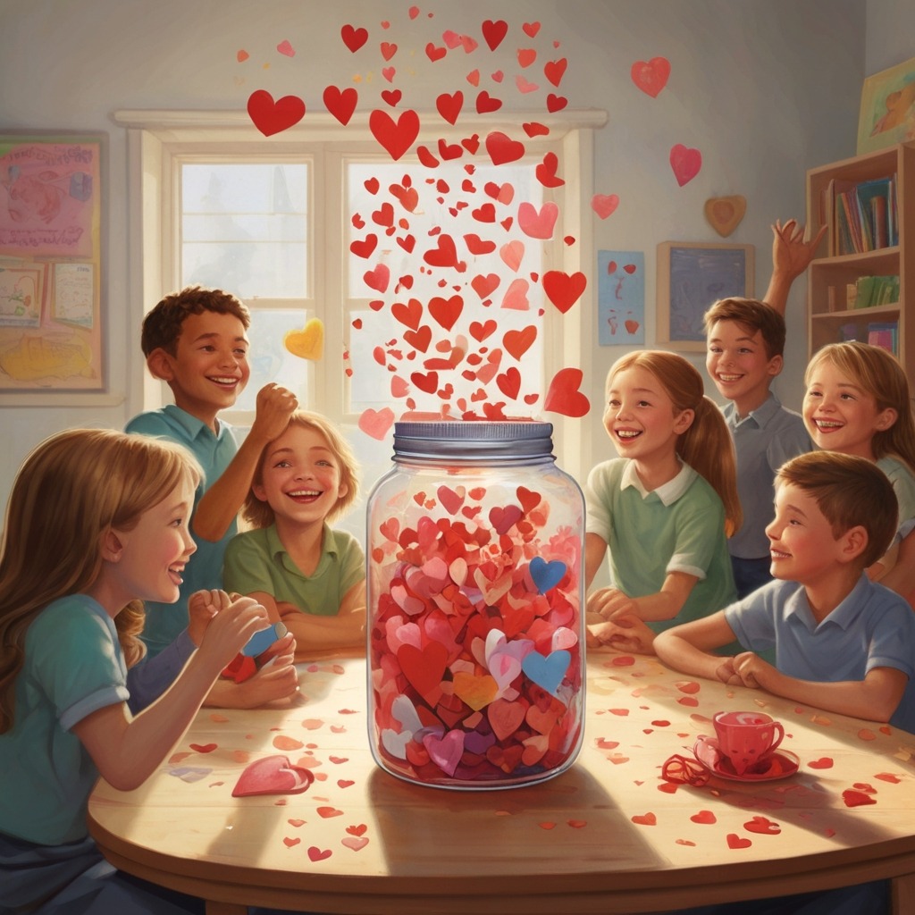 The Empty Jar and the Lesson of Giving | Moral Stories 3 The classroom bright and happy again, with the jar overflowing with hearts, and kids celebrating together.