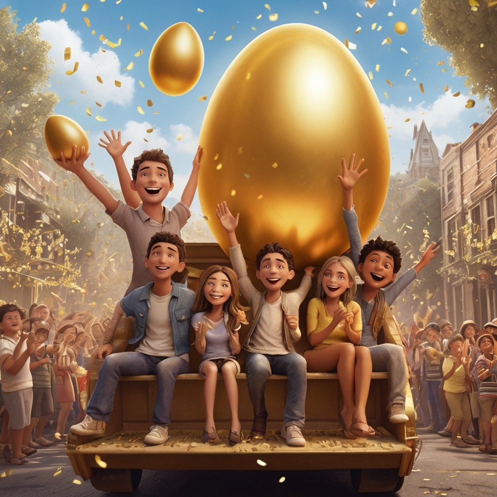 The Great Golden Egg Chase of Willow Town | Easter Stories 4 The friends riding together on a parade float with the golden egg shining at the front, confetti in the air, and happy villagers watching.