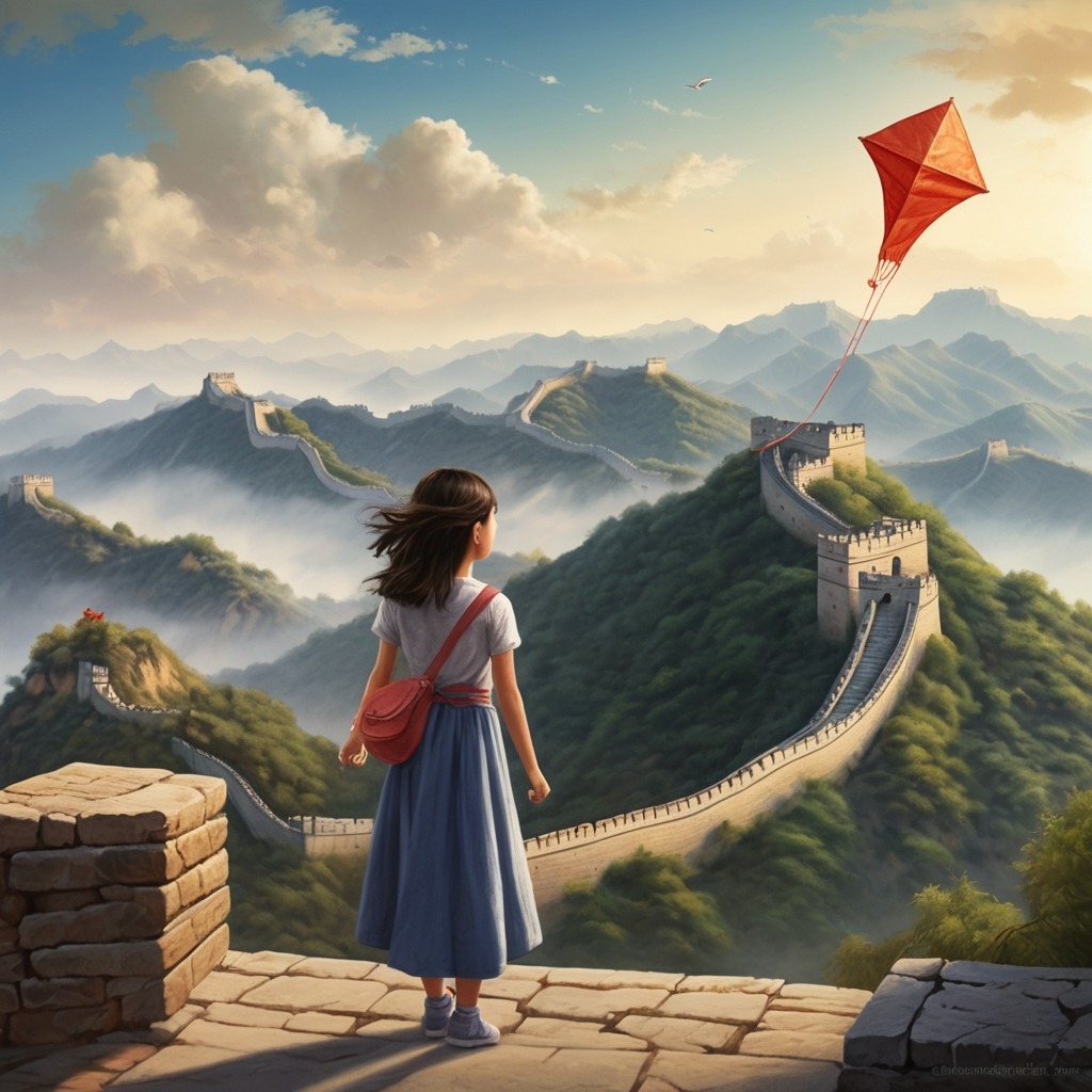 Tara’s Train Ride Across the Wonders of the World | Travel Stories 2 The girl flying a kite near the Great Wall of China, with misty hills and a long winding stone wall in the background.
