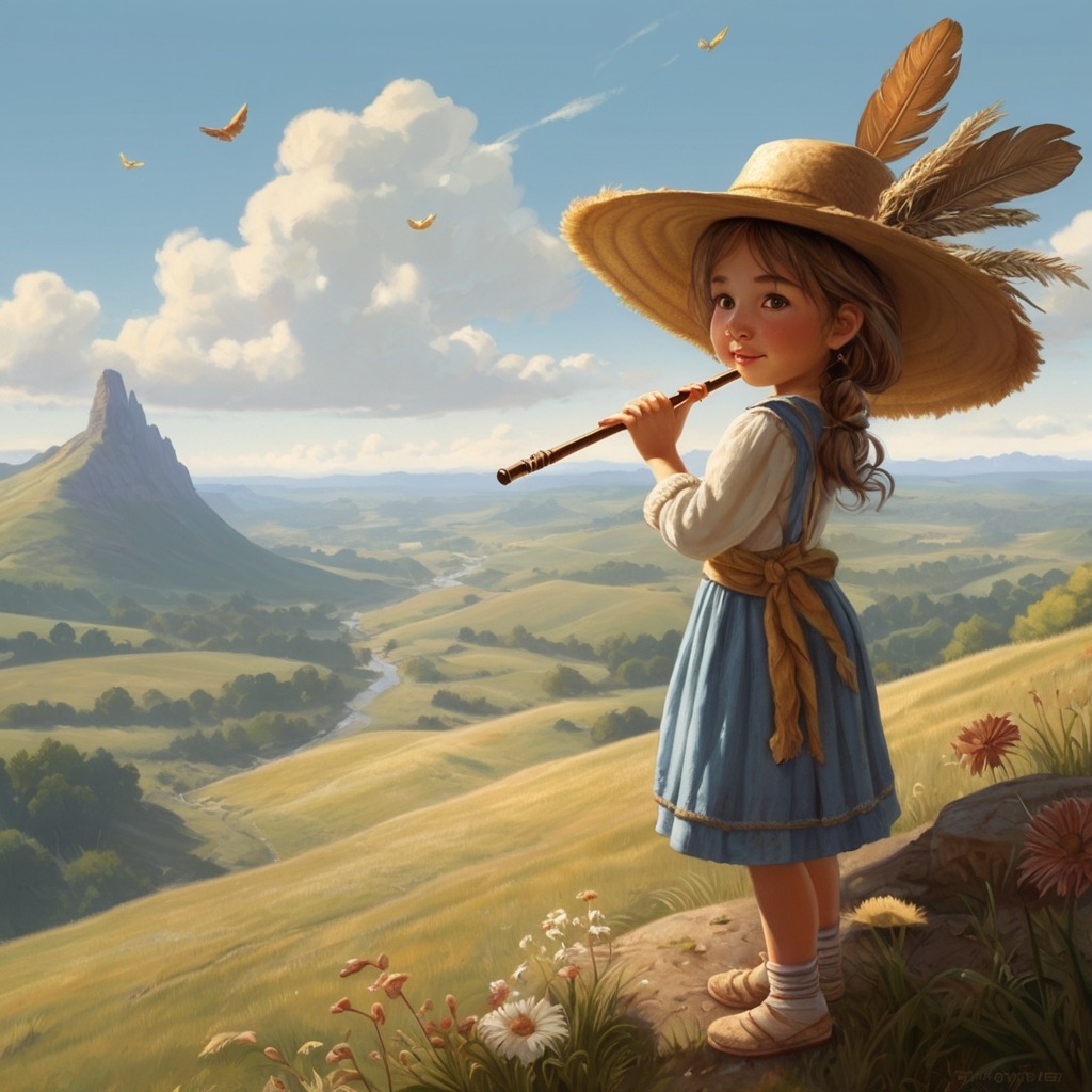 The Day the Wind Forgot to Blow in Willowbrook | Village Stories 3 The girl standing on a sunny hilltop, playing the flute beside a fluttering feather and a stick with her hat tied to it.