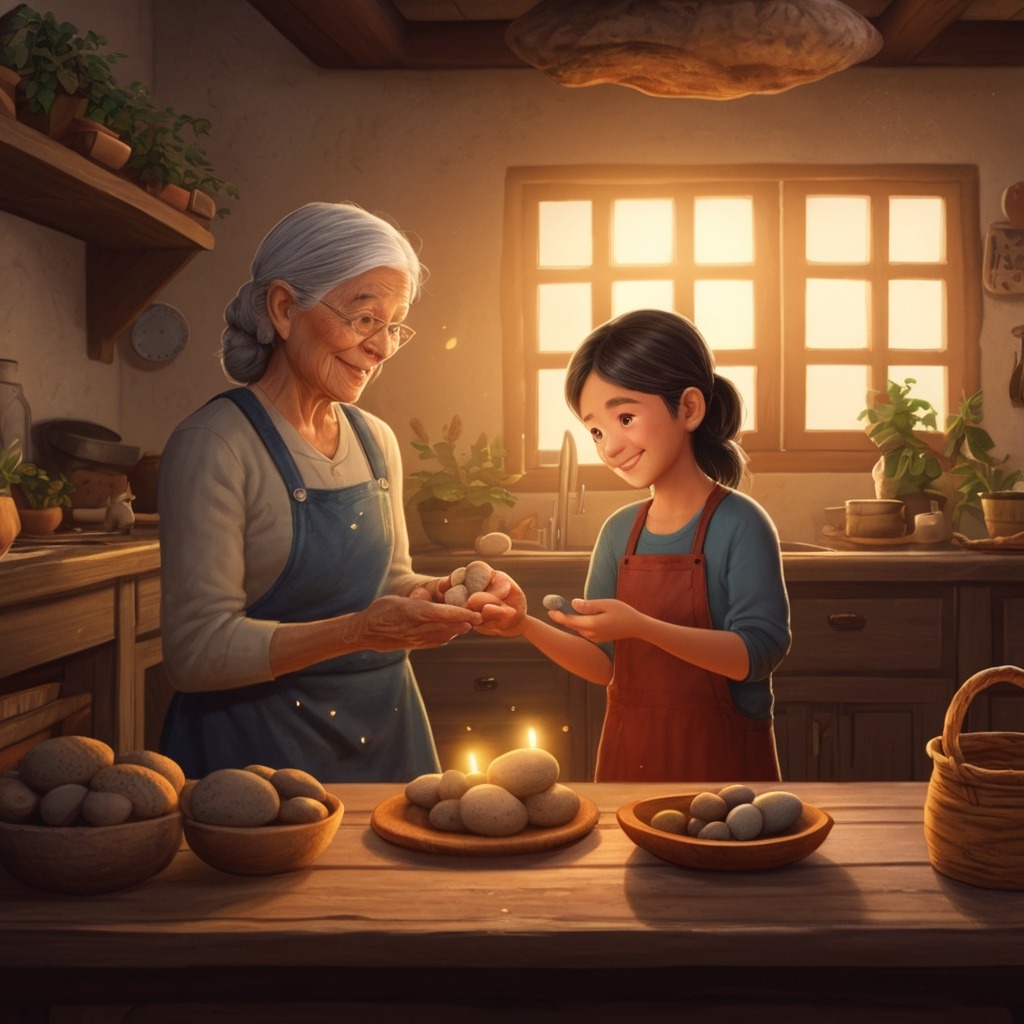 Tara and the Talking Pebble: A Lesson in Honesty | Moral Stories 3 The girl talking to her grandmother in a cozy village kitchen with warm lighting, holding the pebble.