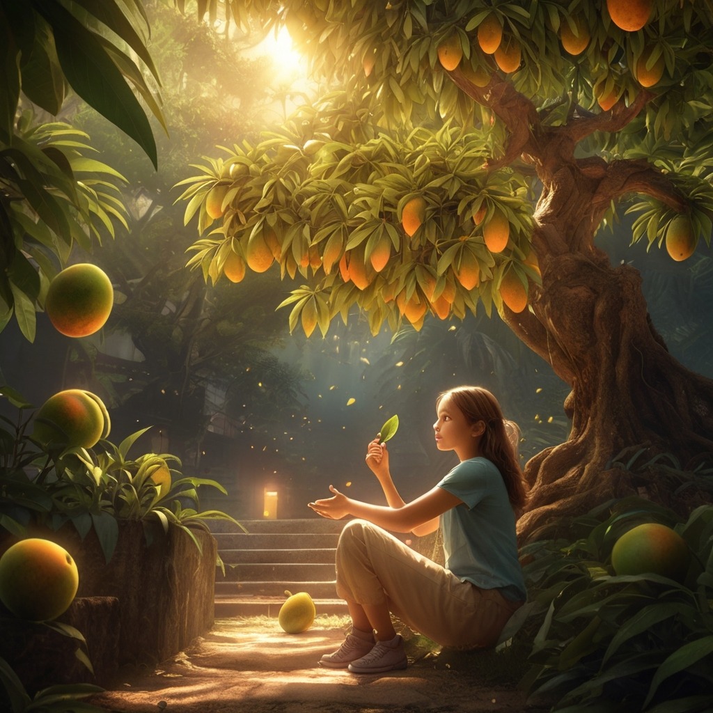 Meena and the Talking Mango Tree | Village Stories 2 The mango tree with glowing leaves speaking softly to the girl, with a mystical aura.