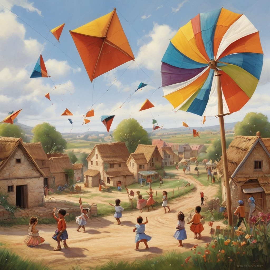 The Day the Wind Forgot to Blow in Willowbrook | Village Stories 4 The village in celebration as the wind returns—kites flying, windmill spinning, and chimes dancing in the breeze.