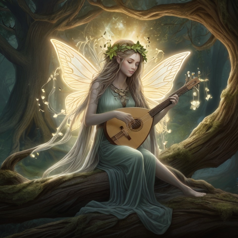 The Singing Well of Willowbrook | Village Stories 3 A glowing fairy-like spirit, Lyra, with a silver harp appearing under the roots of an ancient oak tree.