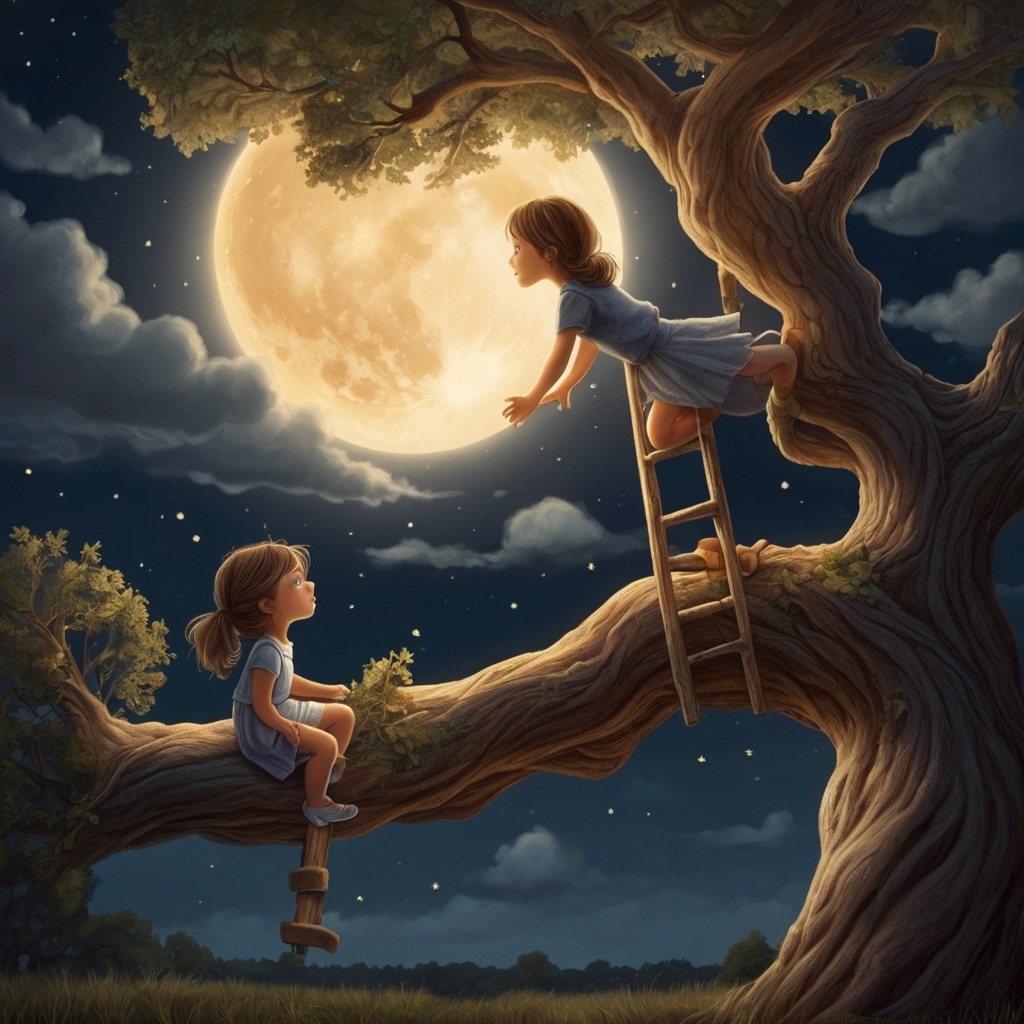 The Sky Painter’s Secret | Imagination Stories 1 A little girl (Mia) climbing a glowing moonlight ladder from an old oak tree into the sky.