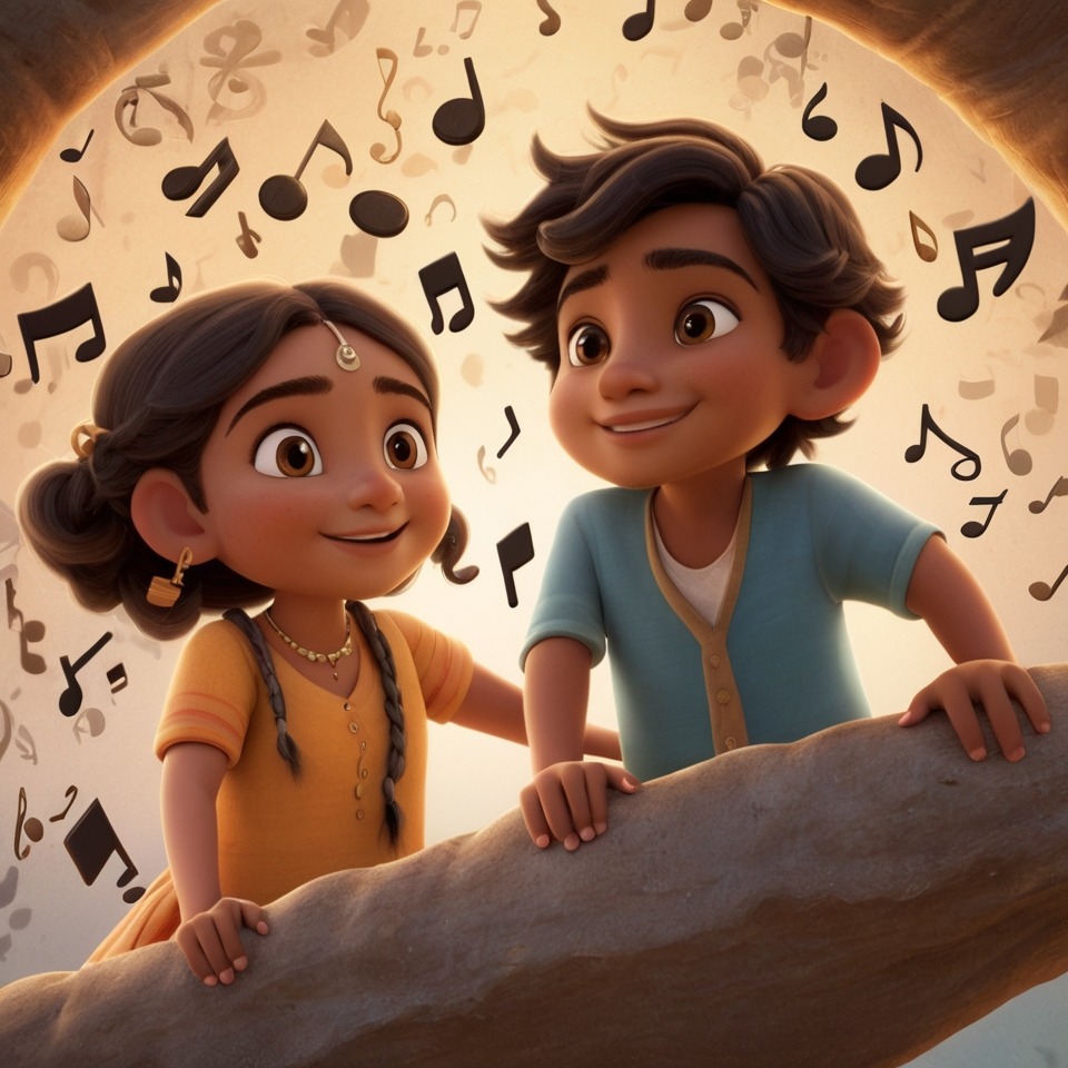 The Singing Well of Willowbrook | Village Stories 2 Maya and Arjun leaning over the well as soft, magical music notes float into the air.